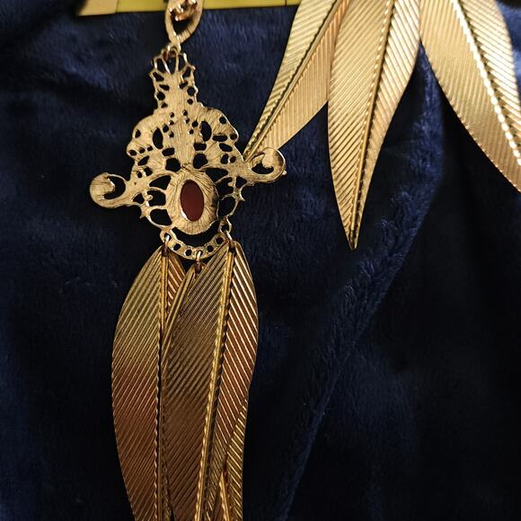 Ornate Statement Earrings Brass Feathers Etched with Blood Red Cabochon Stones - Picture 6 of 6